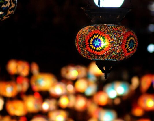 Decorative Ramadan lanterns glowing at night during the fasting month.